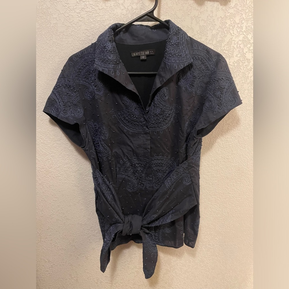Lafayette 148 New York Navy Paisley Tie-Front Blouse